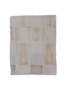 Suministro al por mayor de tela de algodón blanca con retazos de rejilla geométrica, paneles de malla abierta y bordado con cordón para prendas de diseñador - Product Image 1