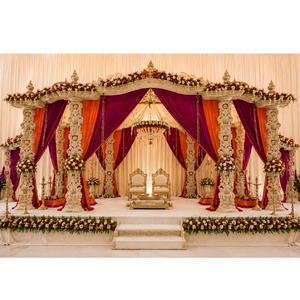 Mandap de madera de diseño exquisito para bodas jaines, elegante mandap de madera con cortinas moradas y naranjas para decoración de bodas en EE. UU. - Product Image 1