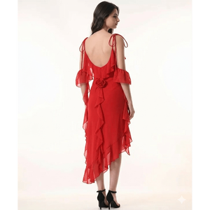 Vestido midi rojo elegante con volantes asimétricos y tirantes para los hombros para mujer - Product Image 2