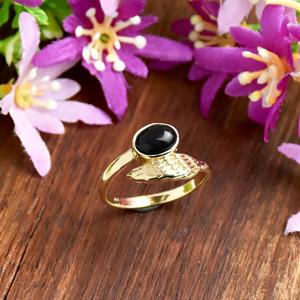 Vintage <b>Black</b> <b>Onyx</b> Wing Gemstone <b>Ring</b> 18k Gold Vermeil Minimalist Statement Boho Style FIne <b>Ring</b> Jewelry For Women Wear - Product Image 1