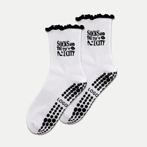 Custom Text Embroidery Letter Ruffles Cuff Pilates Socks Mid-crew Comfort Terry <b>Sole</b> Women's Grip Compression JZVINA Vietnam - Product Image 5