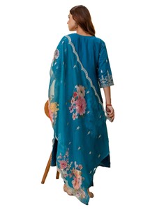 Women's Blue Silk Embroidered Salwar Kameez Set With Floral Dupatta Traditional Indian Pakistani Dress <b>Ankle</b>-Length Regular Fit - Product Image 4