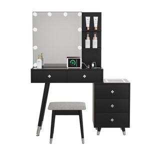 Solid Wood <b>Makeup</b> Vanities 5 Drawers 2 Layer Shelf <b>Mirror</b> Case Pitted Particle Board Triamine Coating Copper Sheath Decoration - Product Image 3