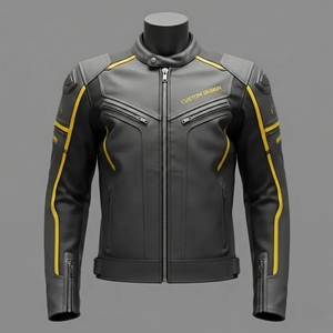 Men's Black Yellow Genuine Leather Waterproof Windproof Winter Motorcycle <b>Racing</b> <b>Jacket</b> Custom OEM ODM - Product Image 1