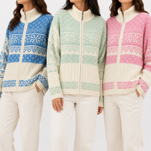 Women’s Nordic Snowflake Jacquard Full Zip High Neck Sweater Acrylic Fair Isle Knitted Cardigan | OEM Manufacturer Bangladesh - Product Image 3
