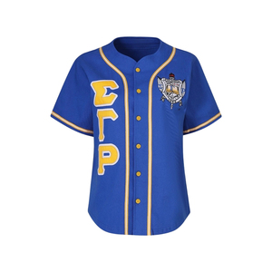Maillot de baseball SGRHO bleu roi à boutons, manches courtes, fermeture à pression, écusson brodé, lettres grecques, uniforme sportif d'équipe - Product Image 1