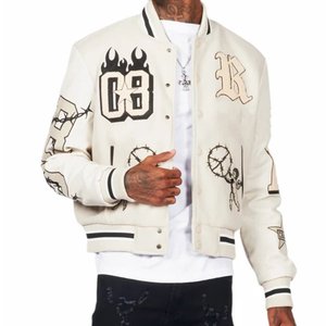 Veste universitaire crème pour homme, personnalisée, de haute qualité, avec logo brodé 08 et motif fil barbelé, style streetwear, pour l'automne, vente en gros - Product Image 1