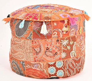Bohemian Fabric <b>Pouf</b> Handcrafted Multi-Functional Storage Ottoman With Tassels Orange Patchwork Design Living Room Decor - Product Image 3