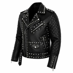 Veste en cuir pour homme, noire, à clous, style punk, motard, manches matelassées, style Brando, sur mesure, OEM - Product Image 2