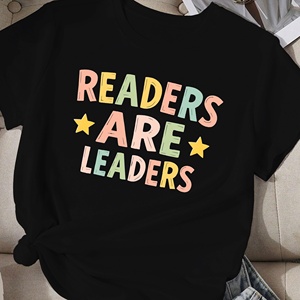 READERS ARE LEADERS เสื้อยืดลำลองผ้าโพลีเอสเตอร์พิมพ์ลายสำหรับผู้หญิง คอกลม แขนสั้น ทรงพอดีตัว - Product Image 1