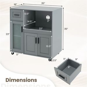 Carrello da Cucina Moderno Grigio con Ruote Girevoli a 360 Gradi, Ripiano per Microonde, Cassetto e Armadietto a 2 Ante in Acciaio e Bambù - Product Image 5