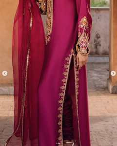 Women's Pink <b>Silk</b> Satin <b>Kurta</b> Gold Embroidery Crop Regular Fit Traditional Indian Pakistani Wedding Wear SADIA AUN HUTE COUTURE - Product Image 3