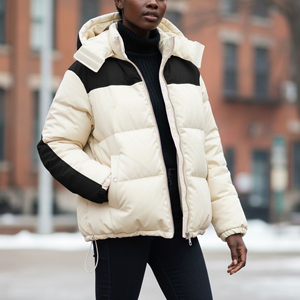 YOURBRAND Hooded Puffer <b>Jacket</b> <b>Winter</b> Thick Warm Stand Collar Color Blocking Front Logo Casual Windproof Zipper Closure - Product Image 3