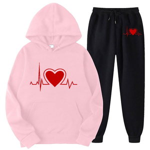 Sudadera con Capucha Roja con Estampado de Latido de Corazón, Conjunto de Pantalones Deportivos Negros, Chándal Informal Unisex de Manga Larga, Ropa de Otoño de Algodón - Product Image 3