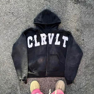 Men Hoodie with Applique and Distressed Finish Garment-Washed Men Distressed Embroidered Hoodie - Product Image 4