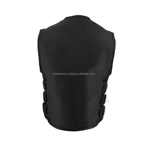 Gilet d'hiver gothique pour homme MH en cuir véritable noir imperméable avec broderie, surpiqûres rouges, fermeture éclair et col en V - Product Image 2