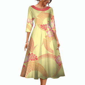 Vestido Casual de Manga Midi Rosa para Mujer, Talla Grande, Elegante, Diseño Tribal Polinesio Hawaiano, Estampado Personalizado - Product Image 1