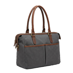 Minimalist Canvas <b>Handbag</b> with Brown Leather Handles Zipper Closure Large Capacity Outdoor Daily Use - Product Image 6