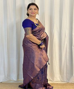 SAREE DE SEDA LICHI CON TRABAJO DE JACQUARD, EL MÁS SELECCIONADO, CON BLUSA SIN COSTURAR, PARA FIESTAS, PRECIO AL POR MAYOR, PRENDAS ÉTNICAS 84793 AZUL MARINO - Product Image 2
