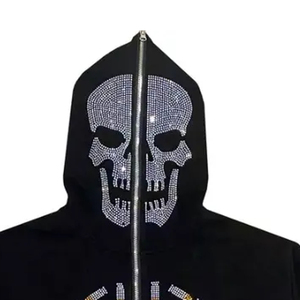 Sweat-shirt à capuche noir pour homme, design crâne en strass, style hip-hop surdimensionné avec fermeture éclair, vêtement d'automne - Product Image 3