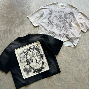 เสื้อยืดโอเวอร์ไซส์สีดำสำหรับผู้ชาย แขนสั้น คอกลม ปักลายดอกไม้ด้านหน้า สไตล์วินเทจ ผ้าฝ้ายทอ - Product Image 2