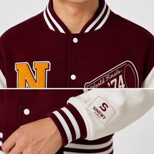 Veste universitaire coupe-vent hiver marron et blanc, broderie N, style preppy, col rabattu, unisexe, en polyester et coton - Product Image 5