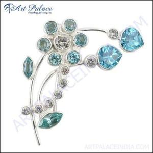 Broche pour femme en argent vintage 925 Art Palace en forme de fleur avec topaze bleue et pierres précieuses CZ, bijoux fins précieux - Product Image 2