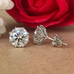 Pendientes de Diamante Cultivado en Laboratorio de Corte Brillante Redondo de 2.50 Quilates, con 6 Puntas, para Mujer, Estilo Vintage, en Oro Blanco de 14K, Clásicos Solitarios - Product Image 4