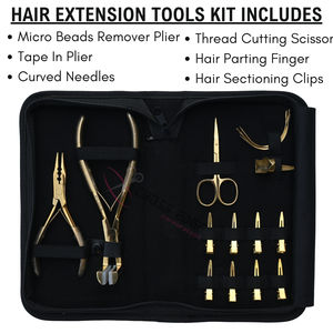 Kit d'outils avancés pour extensions de cheveux dorées : pinces à extensions adhésives, dissolvant de micro-perles, aiguilles courbées, mini-ciseaux, outil de séparation des mèches - Product Image 2