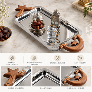 Plateau de service finition miroir avec poignées en bois en forme de croissant et d'étoile pour les dattes |   Plateau rectangulaire en acier inoxydable pour la décoration de table - Product Image 5