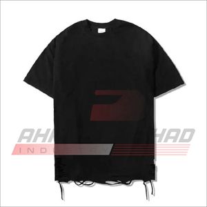 T-shirt en coton noir surdimensionné pour homme, manches courtes, col rond, jersey décontracté, couleur unie, coupe classique avec ourlet à cordon de serrage - Product Image 1