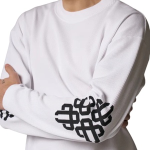 Men <b>White</b> Waffle Long Sleeve <b>T</b> <b>Shirt</b> with Emblem Print Crew Neck Cotton Casual Streetwear Fashion Top - Product Image 4