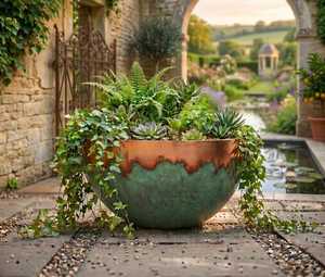 Pot de fleurs en métal rustique avec finition patinée pour plantation en extérieur, style vintage, avec plantes vertes - Product Image 6