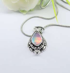 Elegant Vintage Engagement Aurora Opal <b>Locket</b> Charm Pendant Handmade Gold Plated 925 Sterling Silver Gemstone Gift - Product Image 1
