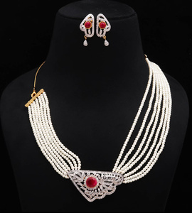 Multi Layer Ruby Choker <b>Necklace</b> Set 22K Gold Plated Brass CZ Bridal Jewelry Red White <b>Statement</b> <b>Necklace</b> Gift For Her - Product Image 1