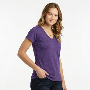 Camiseta de lona para mujer, manga corta, cuello en V, color negro, premium, transpirable. - Product Image 4