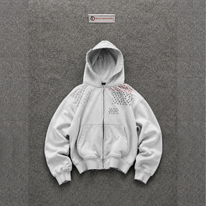 Sweat à capuche zippé gris clair oversize avec motif croisé abstrait en molleton délavé, style streetwear décontracté unisexe, en coton, en promotion - Product Image 5