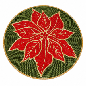 Round Poinsettia Glass Beaded Placemat Red Green Floral <b>Mat</b> Handmade <b>Christmas</b> Dining Decor Home Party Wedding | Fine Style - Product Image 1