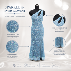 Luxury Sky Blue One Shoulder <b>Sequin</b> Evening Gown for Women Elegant Party Dress High Slit Prom Wedding Reception Cocktail Maxi - Product Image 5