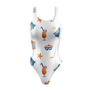 Customized Women's One Piece Swimwear Digital Printed Beach Cocktail Pattern Spandex Polyester Quick Dry Round Neck Bodysuit - Product Image 1
