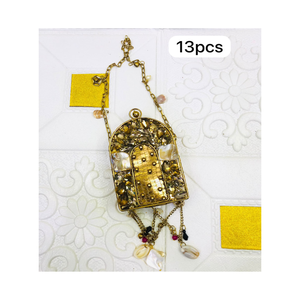 Fashionable <b>Gold</b> Metal Arched Mini <b>Evening</b> Clutch with Rhinestone Crystal Details and Shell Charms - Product Image 1