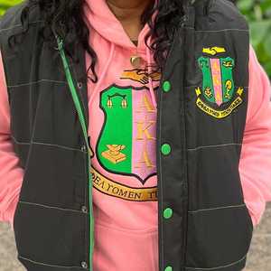 AKA Black Green Hooded Puffer <b>Vest</b> Sherpa Lining Unisex Warm Winter Jacket Greek Letter Premium Insulated Zip Up Fit Streetwear - Product Image 4