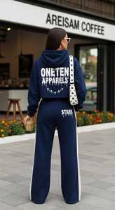 ONETEN APPARELS Women's Navy Blue <b>Cropped</b> Hoodie Wide Leg <b>Joggers</b> Set Full Sleeve Print Streetwear Tracksuit Loose Fit 2 1 100% - Product Image 3