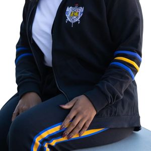 Ensemble de survêtement noir Sigma Gamma Rho pour femme, bleu avec rayures dorées, deux pièces, style décontracté athlétique, sweat à capuche zippé et pantalon de jogging, pour sororité grecque - Product Image 6