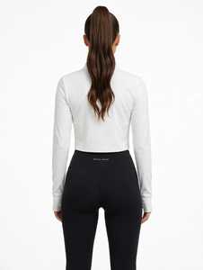 ONETEN APPAREL <b>Women</b> <b>White</b> Half Zip Yoga Jacket <b>Long</b> <b>Sleeve</b> Crop <b>Top</b> Breathable Athletic Front Logo - Product Image 4