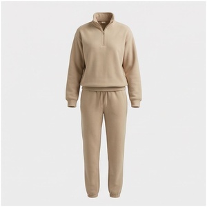 <b>Women</b> 100% Cotton Midweight Fleece Tracksuit Set Half-<b>Zip</b> Sweatshirt Jogger Pants Solid Color Casual Autumn Wear - Product Image 1