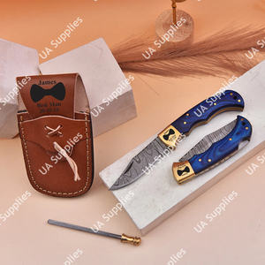 มีดพับเหล็กดามัสกัสคุณภาพสูง ด้ามไม้ปักก้าสีน้ำเงินฝังลายทองเหลือง พร้อมปลอกมีด EDC สำหรับพกพา - Product Image 2