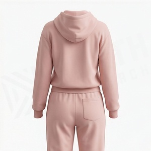 Ensemble de survêtement 2 pièces en polaire rose à capuche pour femme, coupe décontractée, toutes saisons, vêtements de sport, haut à fermeture éclair à manches longues et couleur unie - Product Image 2