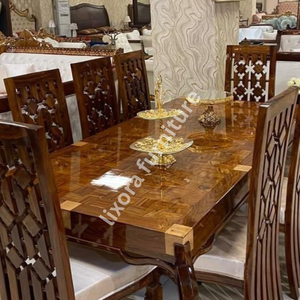 Luxury Handcrafted Solid Wood 8 Seater Dining <b>Table</b> Set High Gloss <b>Walnut</b> Finish Ornate Carved Chairs - Product Image 3