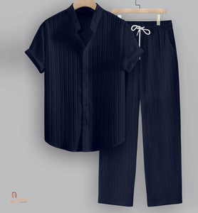 Men's Striped Satin Short Sleeve Shirt and <b>Pants</b> Set Turn-<b>down</b> Collar Breathable Summer Casual Wear - Product Image 1